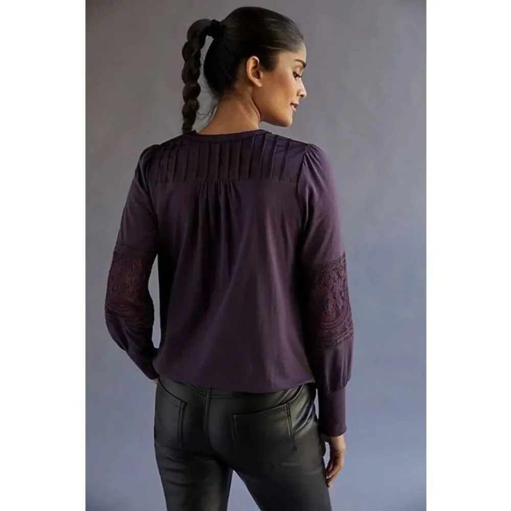 TINY by Anthropologie‎ Violet Lace Mixed Media Blouse Sz S